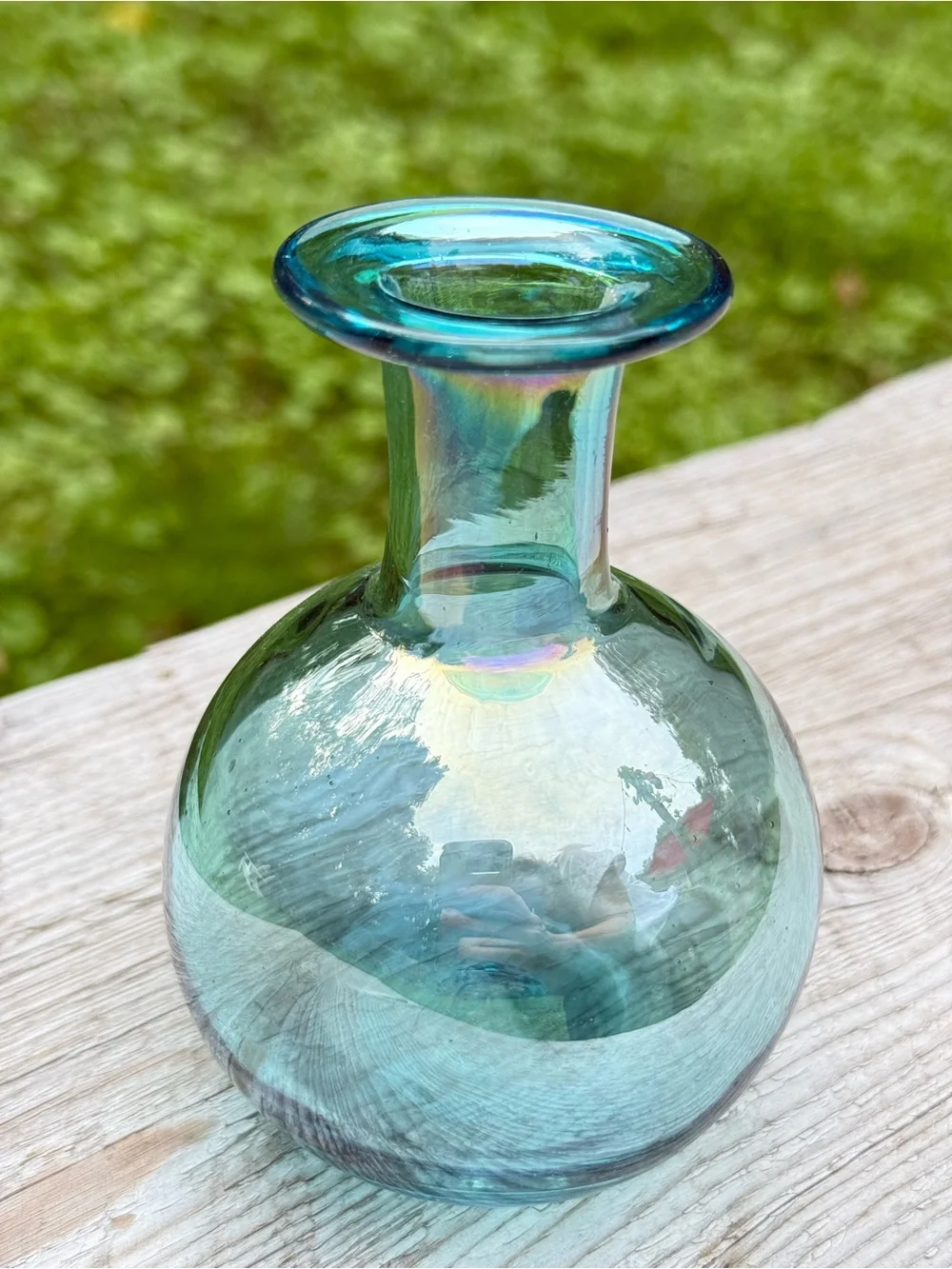 Handblown Iridescent Aqua Glass Bud Vase